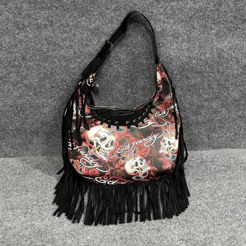 Ed Hardy Hobo Bag Womens Medium Black Red Skull Fringe Tattoo Rock Shoulder